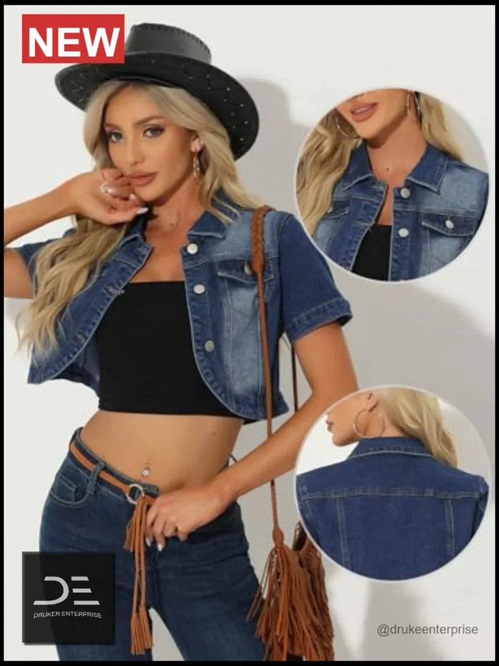 Crop Denim Jacket with Turndown Collar Short Sleeves